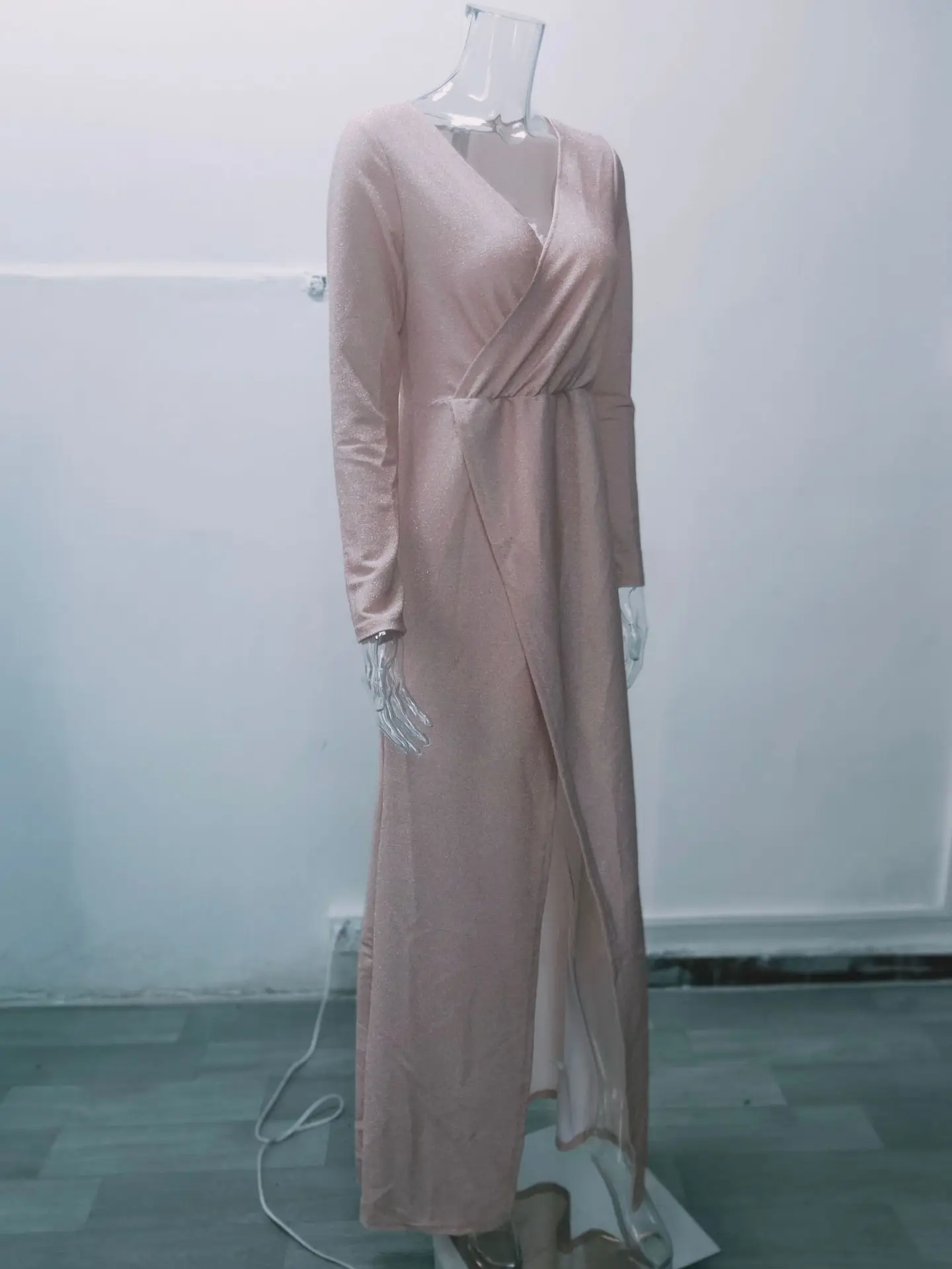 Women's Long Evening Dress with Deep V-Neck and Glitter Pattern — feature 11