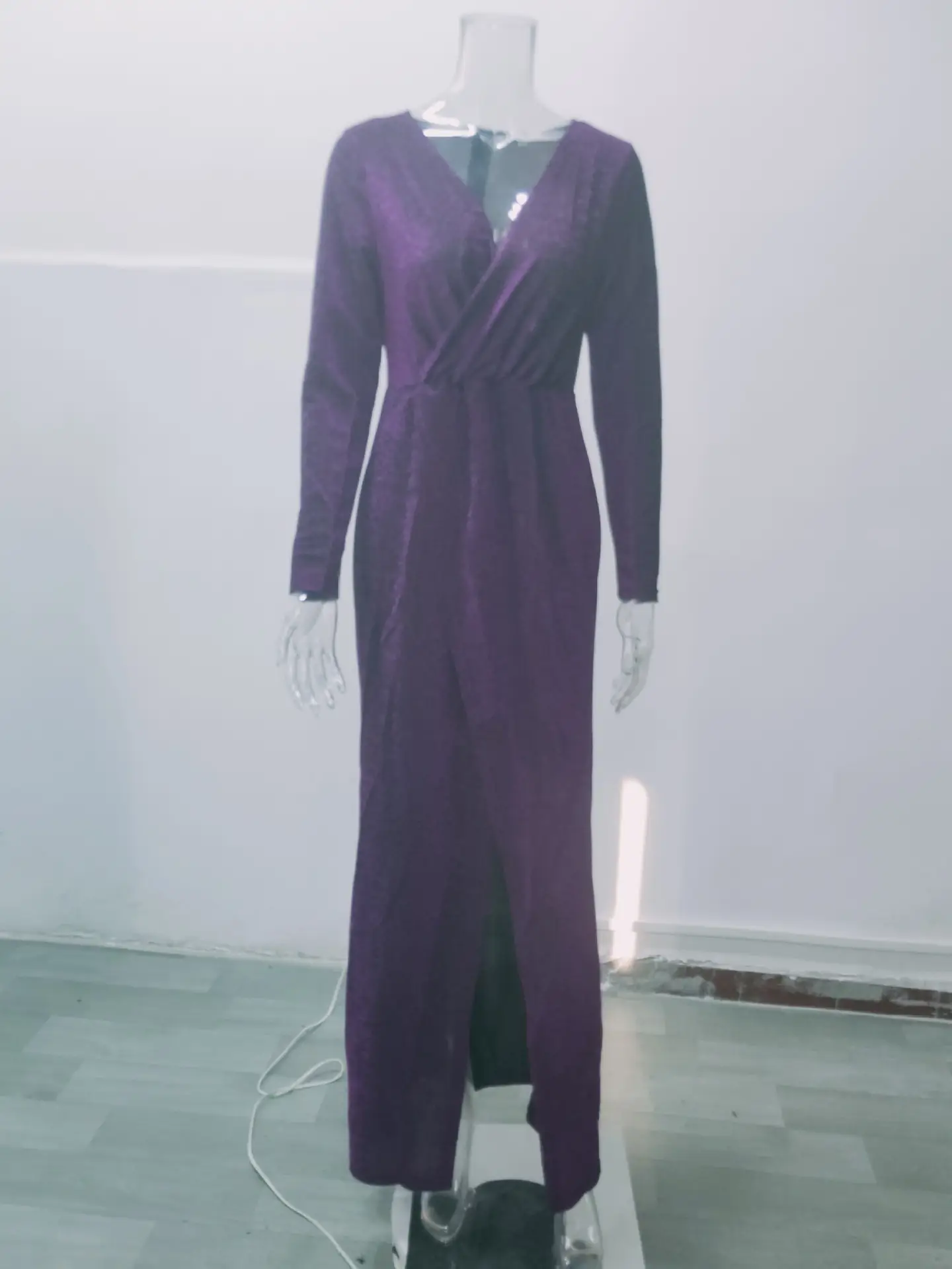 Women's Long Evening Dress with Deep V-Neck and Glitter Pattern — feature 13