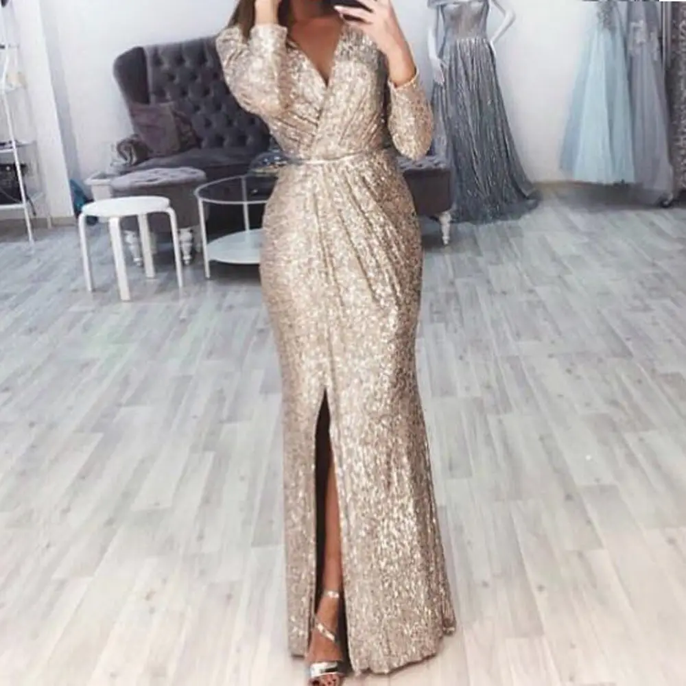 Women's Long Evening Dress with Deep V-Neck and Glitter Pattern — feature 18