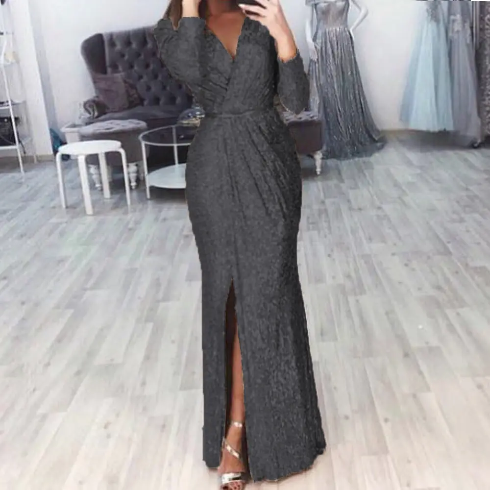 Women's Long Evening Dress with Deep V-Neck and Glitter Pattern — feature 19