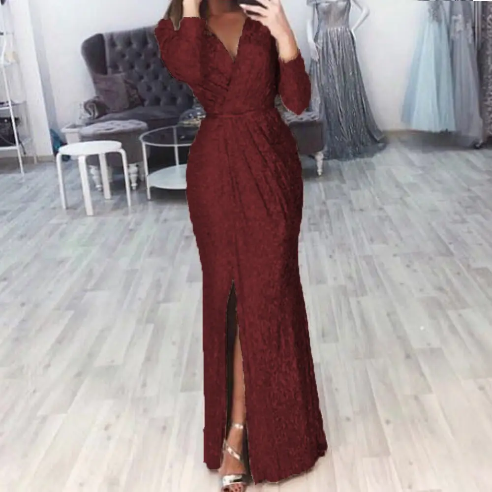 Women's Long Evening Dress with Deep V-Neck and Glitter Pattern — feature 21