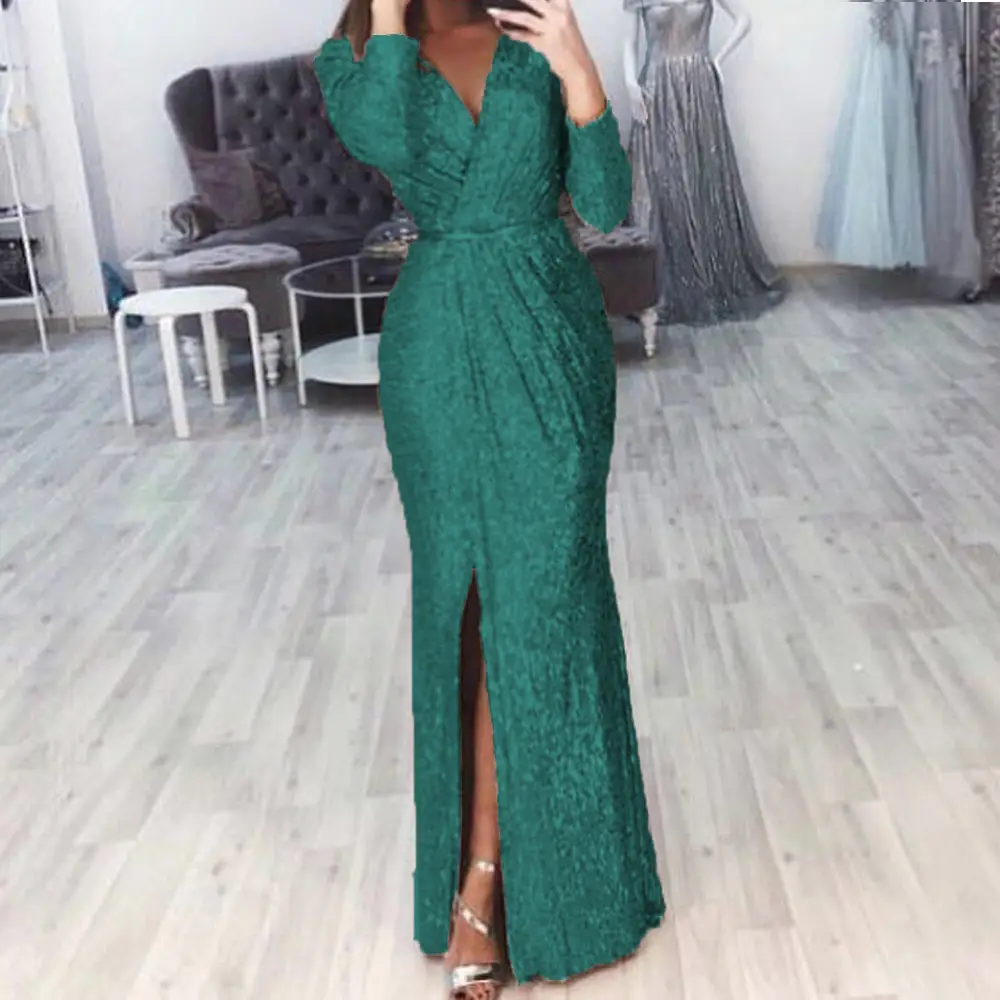 Women's Long Evening Dress with Deep V-Neck and Glitter Pattern — feature 23