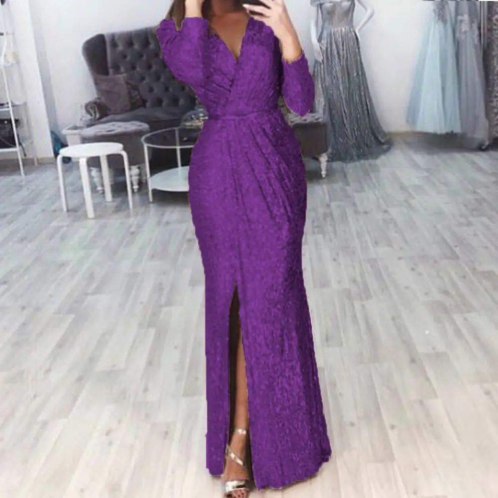 Women's Long Evening Dress with Deep V-Neck and Glitter Pattern — feature 24