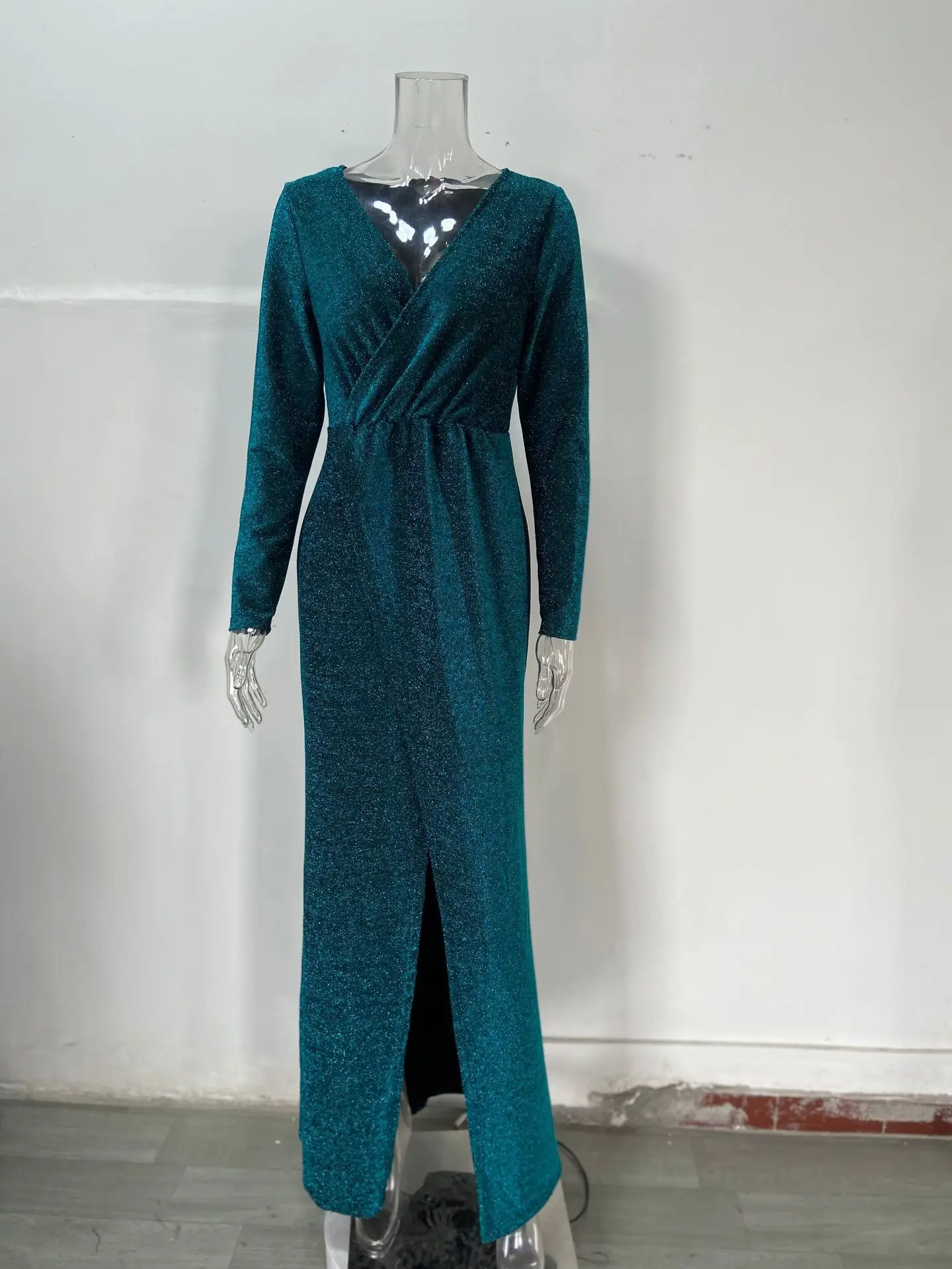 Women's Long Evening Dress with Deep V-Neck and Glitter Pattern — feature 5