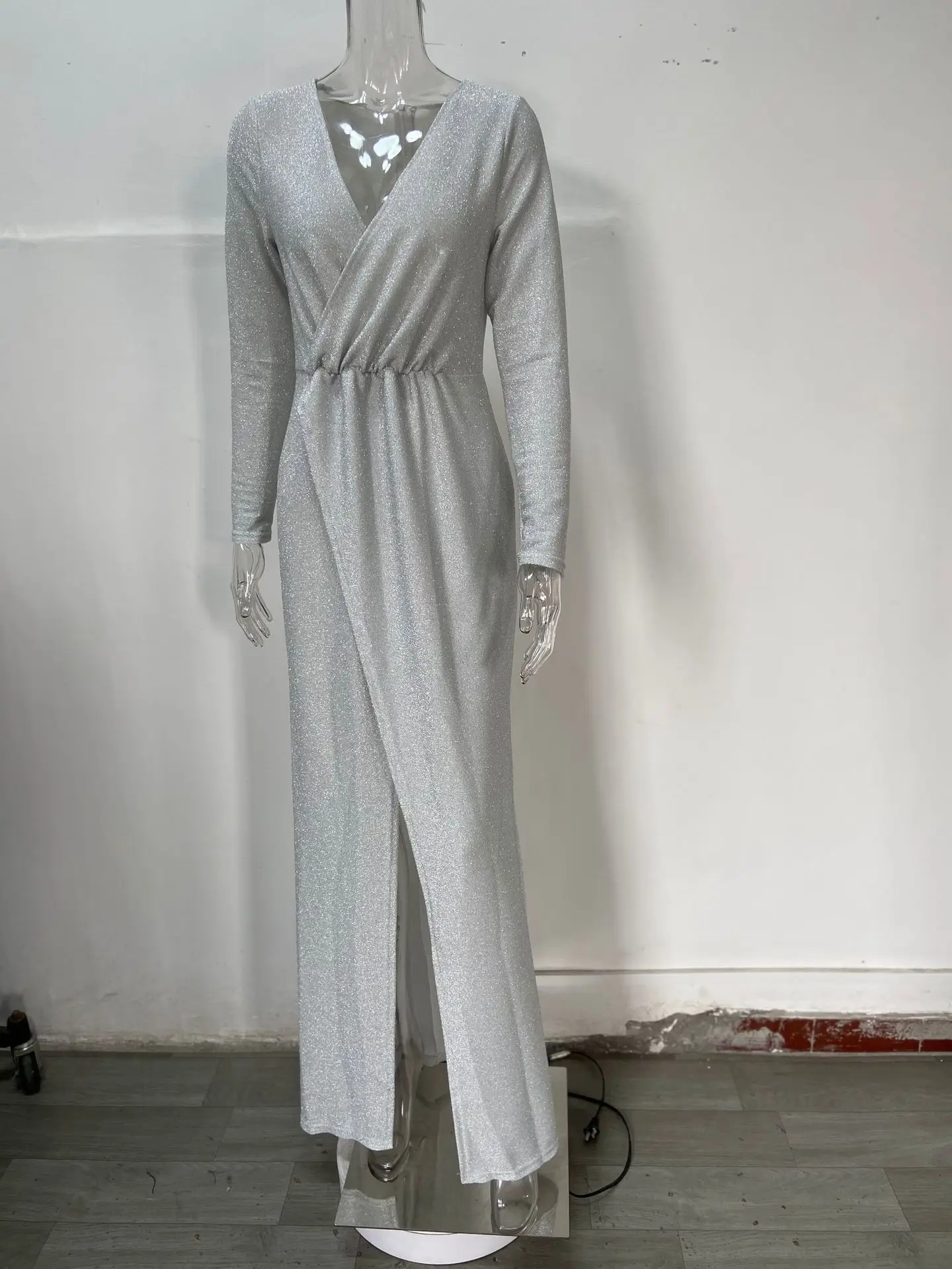 Women's Long Evening Dress with Deep V-Neck and Glitter Pattern — feature 7