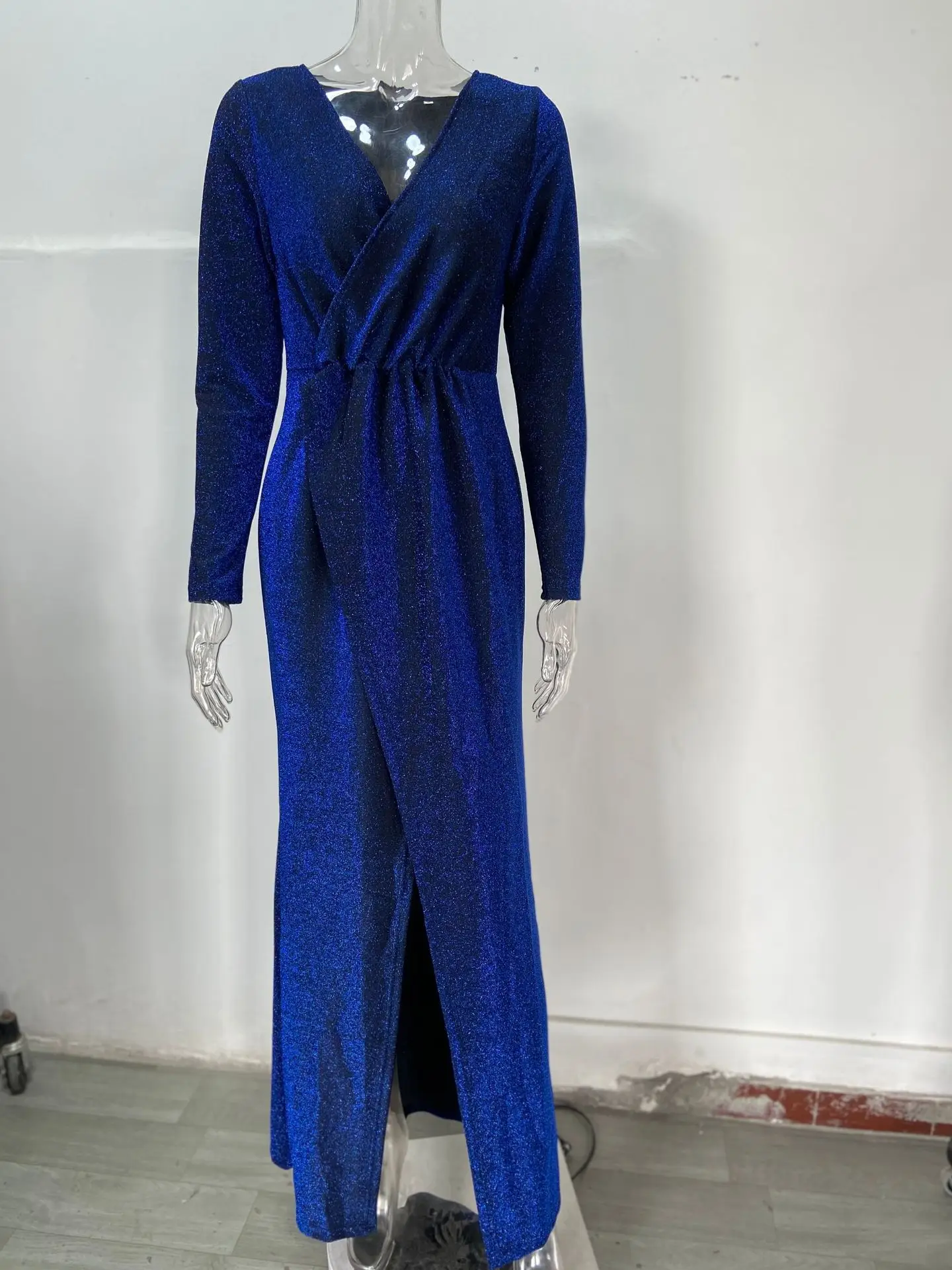 Women's Long Evening Dress with Deep V-Neck and Glitter Pattern — feature 9