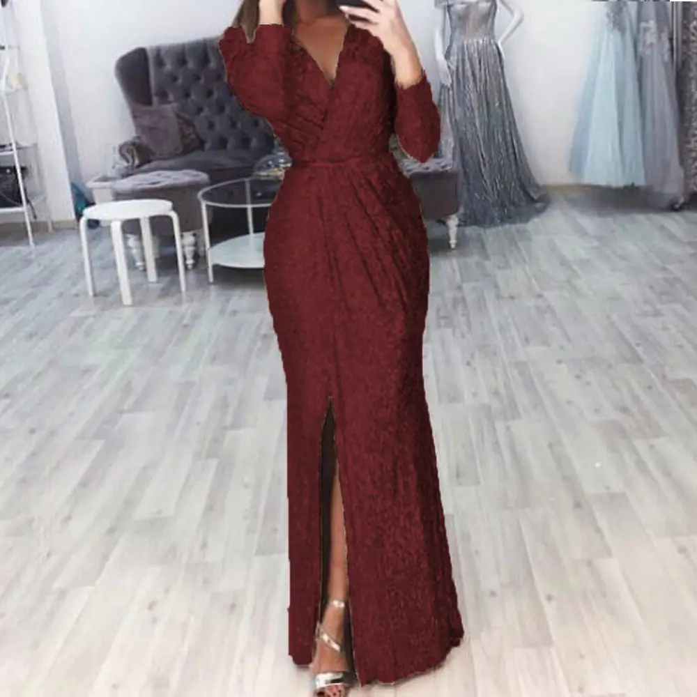 Women's Long Evening Dress with Deep V-Neck and Glitter Pattern - Image 2