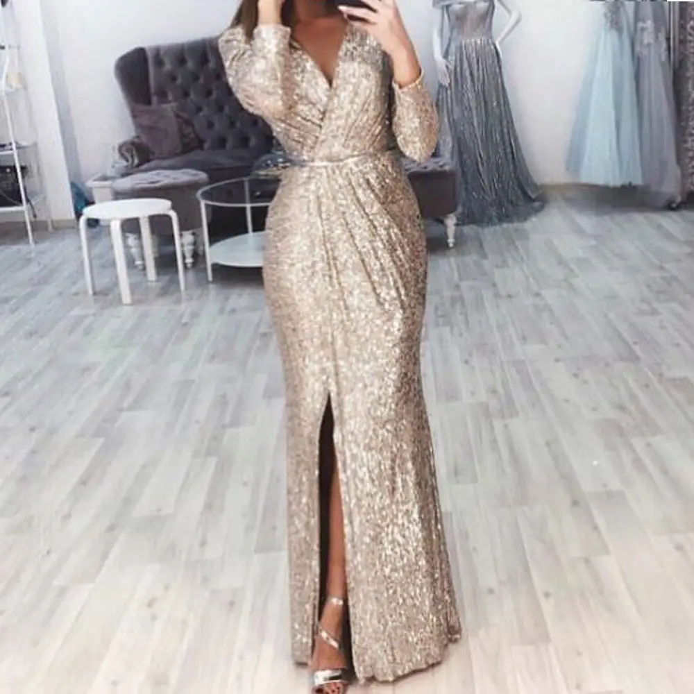 Women's Long Evening Dress with Deep V-Neck and Glitter Pattern - Image 3