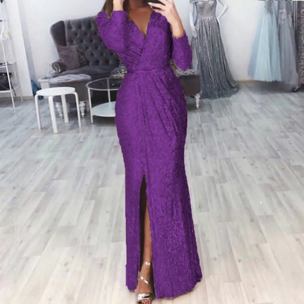 Women's Long Evening Dress with Deep V-Neck and Glitter Pattern - Image 4
