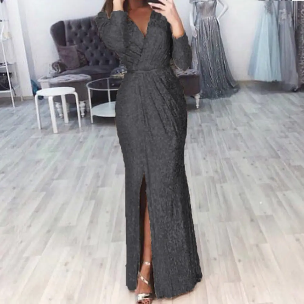 Women's Long Evening Dress with Deep V-Neck and Glitter Pattern - Image 7