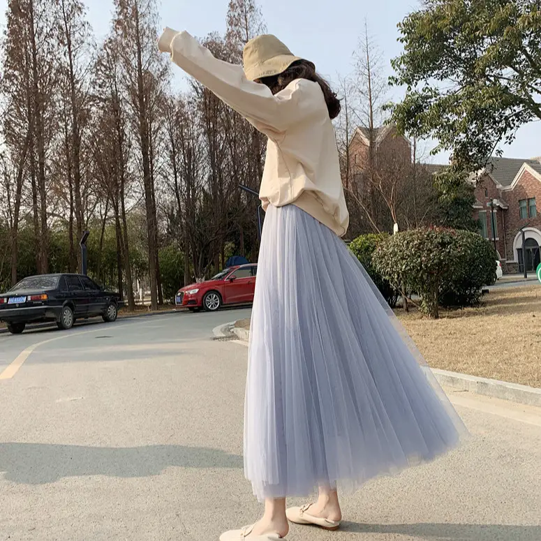 Fairy Pleated Mesh Skirt Women Large Mid Waist