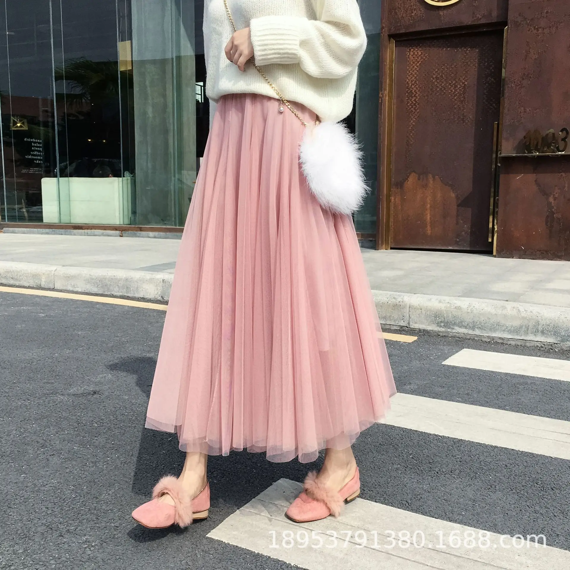 Fairy Pleated Mesh Skirt Women Large Mid Waist