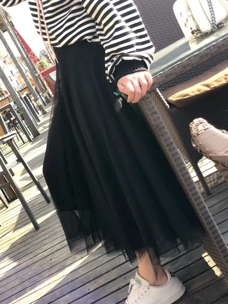 Fairy Pleated Mesh Skirt Women Large Mid Waist