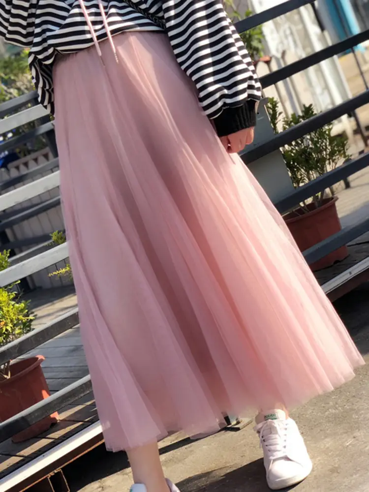 Fairy Pleated Mesh Skirt Women Large Mid Waist