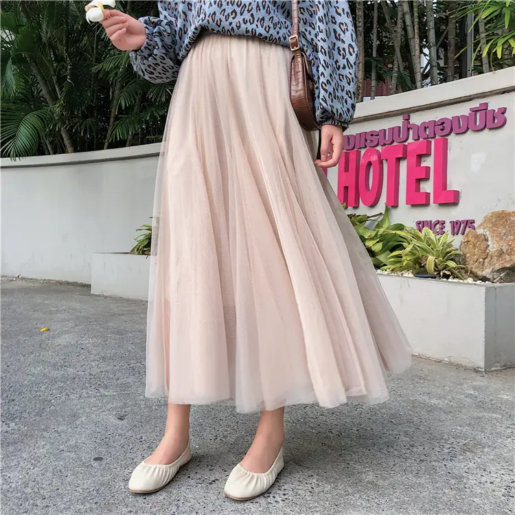 Fairy Pleated Mesh Skirt Women Large Mid Waist