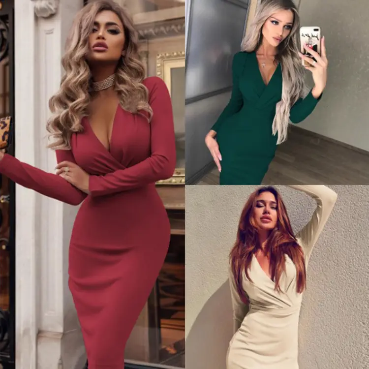 Women's Maroon Long Sleeve V-Neck Dress