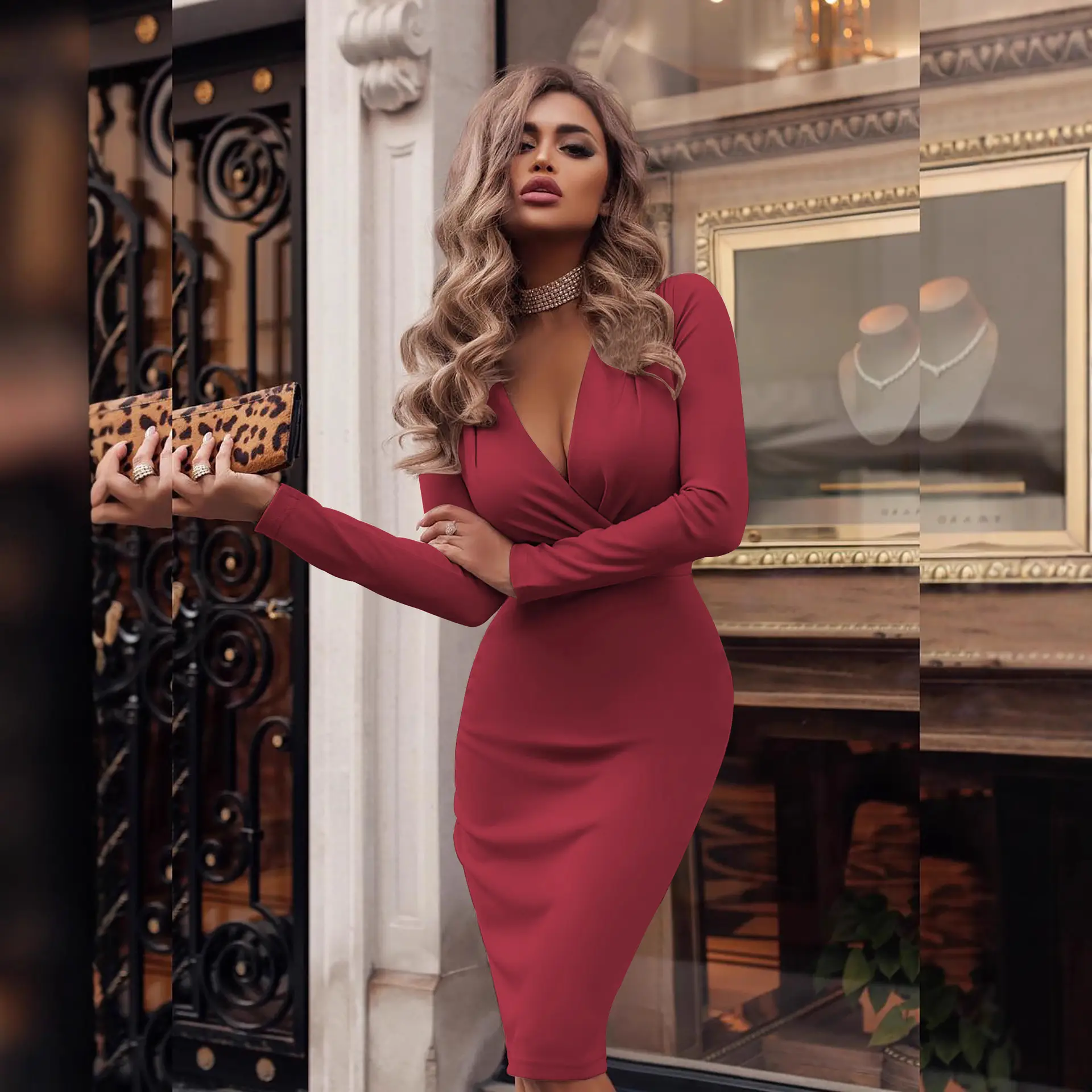 Women's Maroon Long Sleeve V-Neck Dress