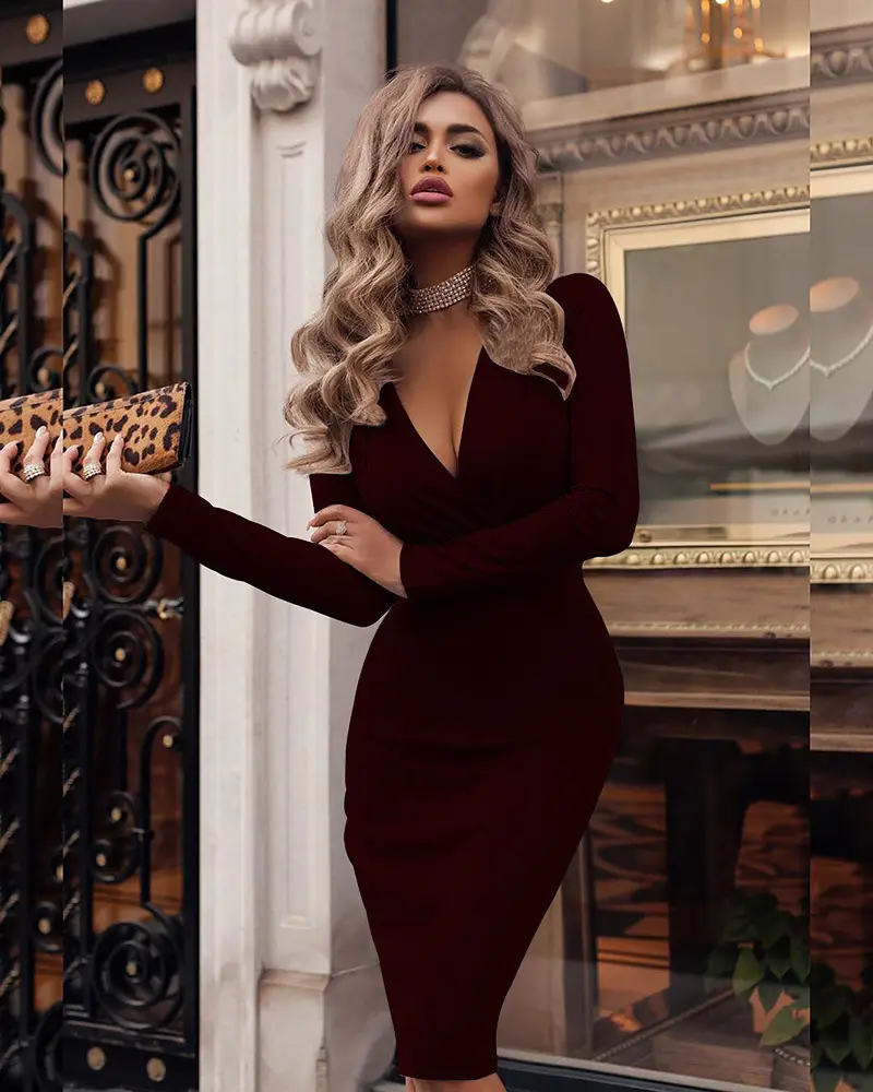 Women's Maroon Long Sleeve V-Neck Dress