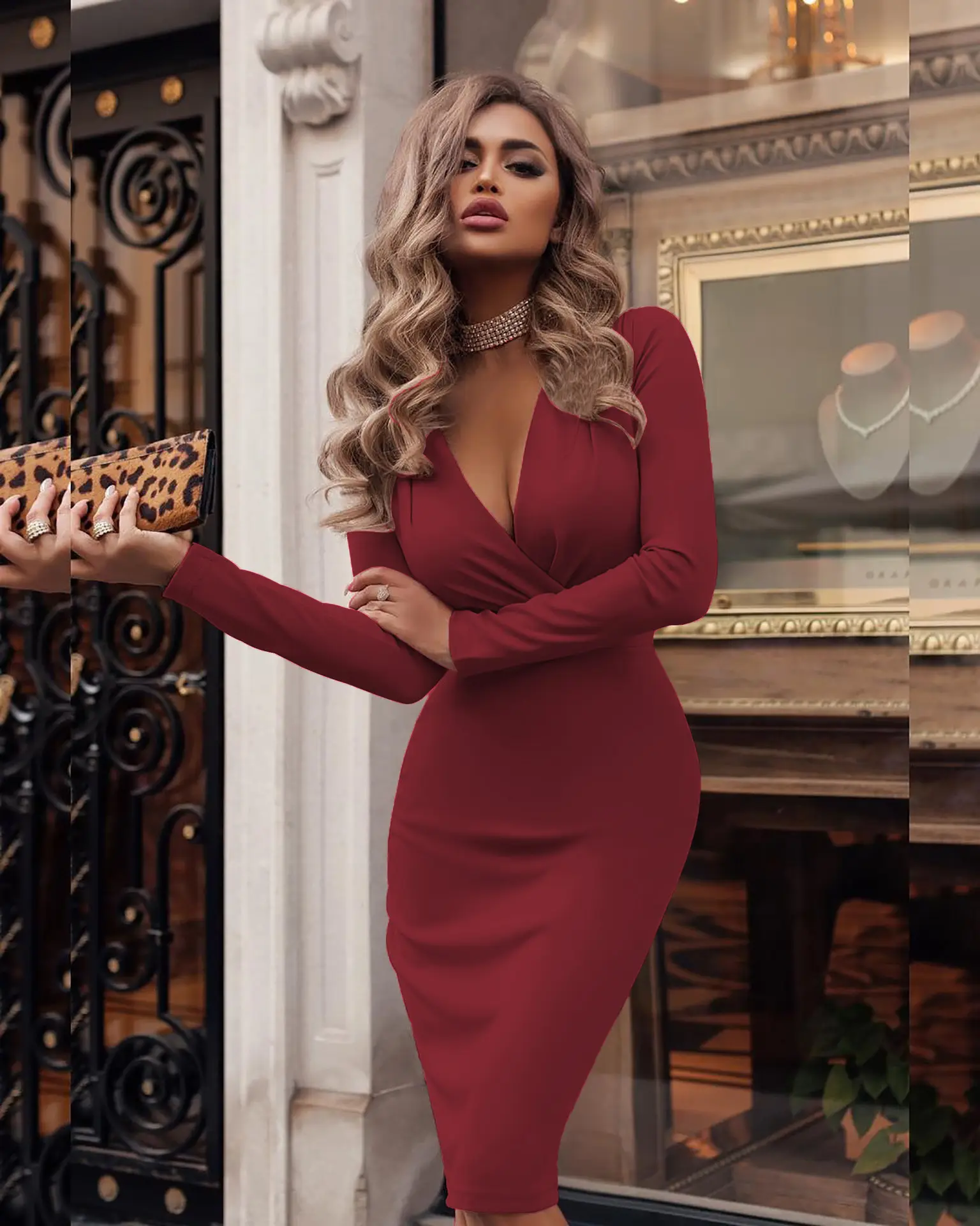Women's Maroon Long Sleeve V-Neck Dress
