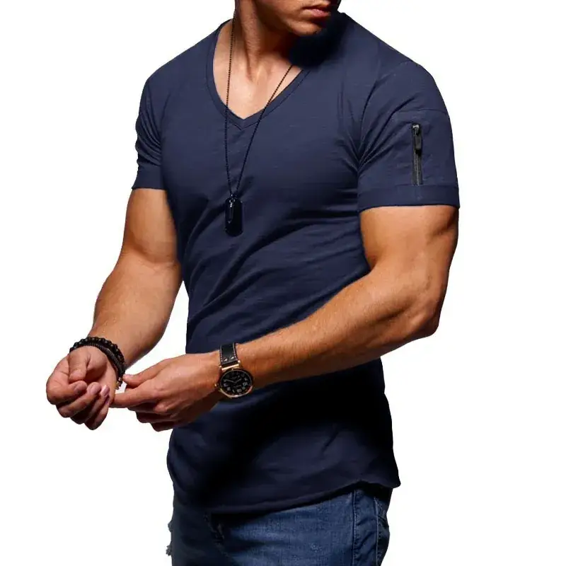 Men V-Neck Stretch T-Shirt Green Large - Image 9