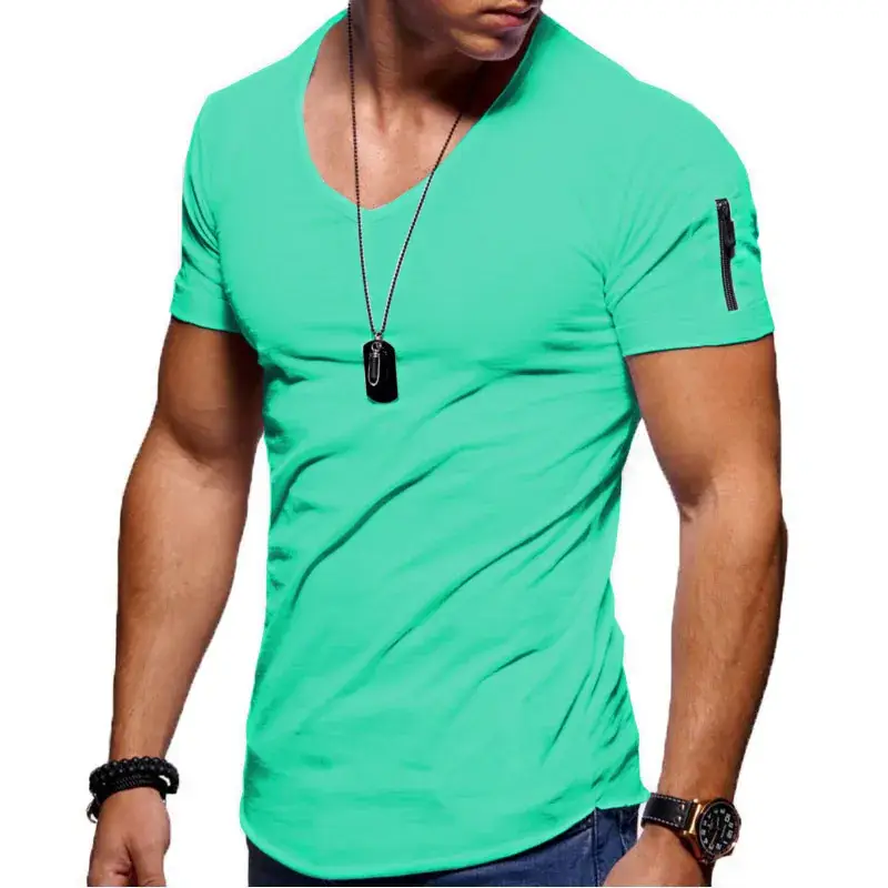 Men V-Neck Stretch T-Shirt Green Large - Image 10