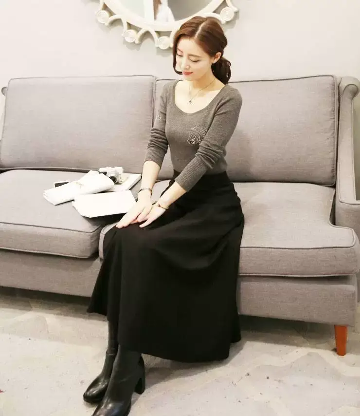 Black Cotton High Waist Slim Skirt Large Swing — feature 3