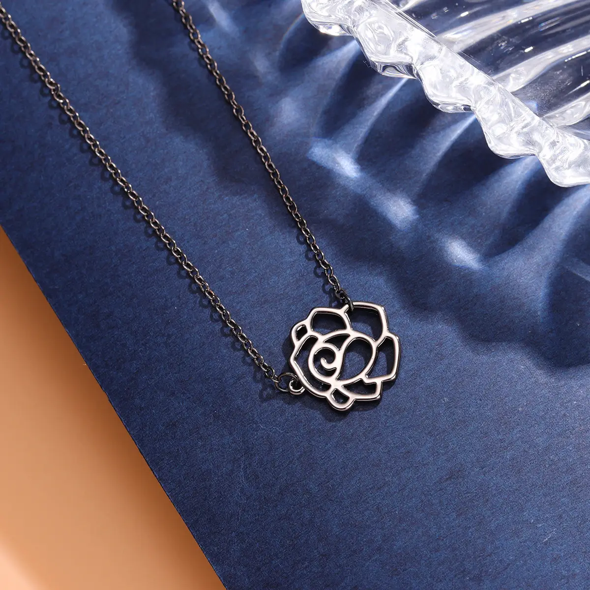 Women Hollow Rose Necklace Silver Black Rose Design - Image 2