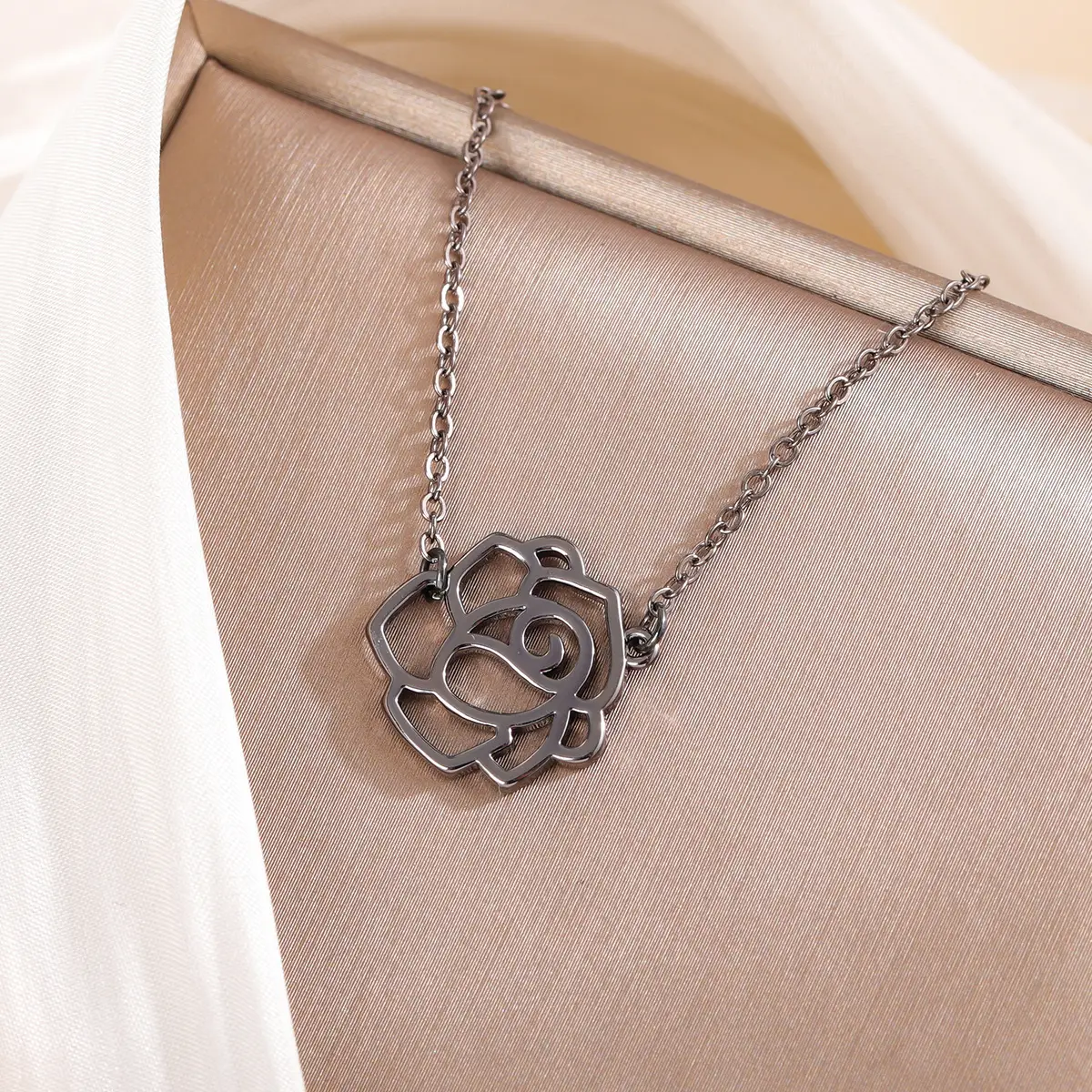 Women Hollow Rose Necklace Silver Black Rose Design - Image 3