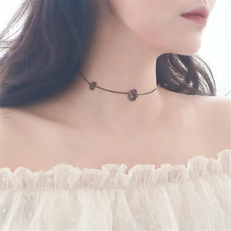 Women Hollow Rose Necklace Silver Black Rose Design - Image 4