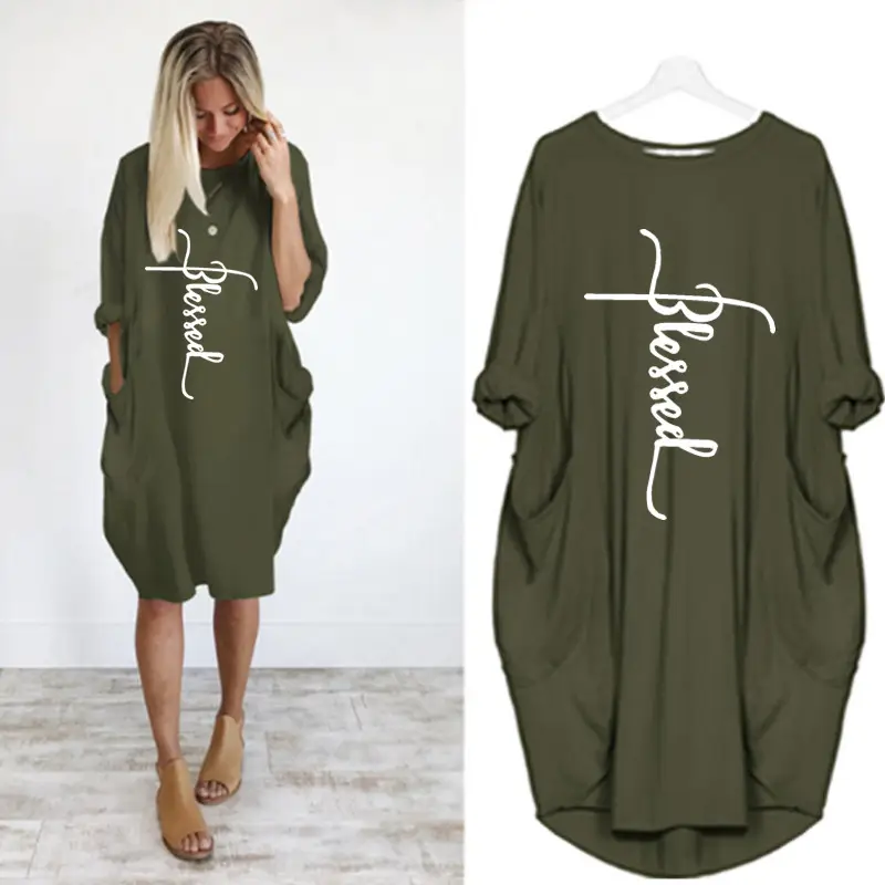 Black Blessed Letter Print Round Neck Dress for Women - Image 12