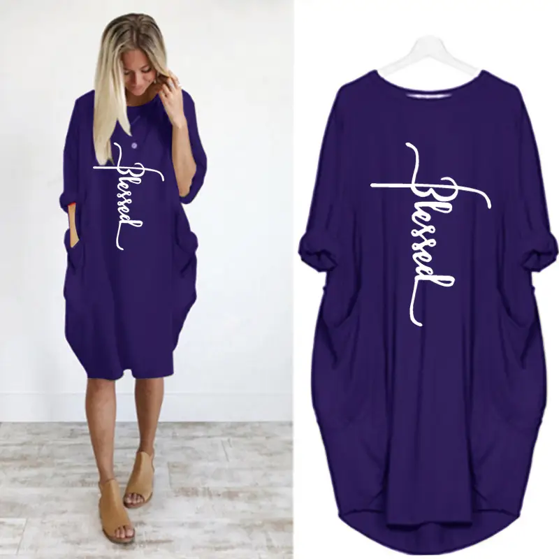 Black Blessed Letter Print Round Neck Dress for Women - Image 3