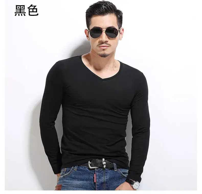 Men V-Neck Long Sleeve T-Shirt White 2019 - Image 16