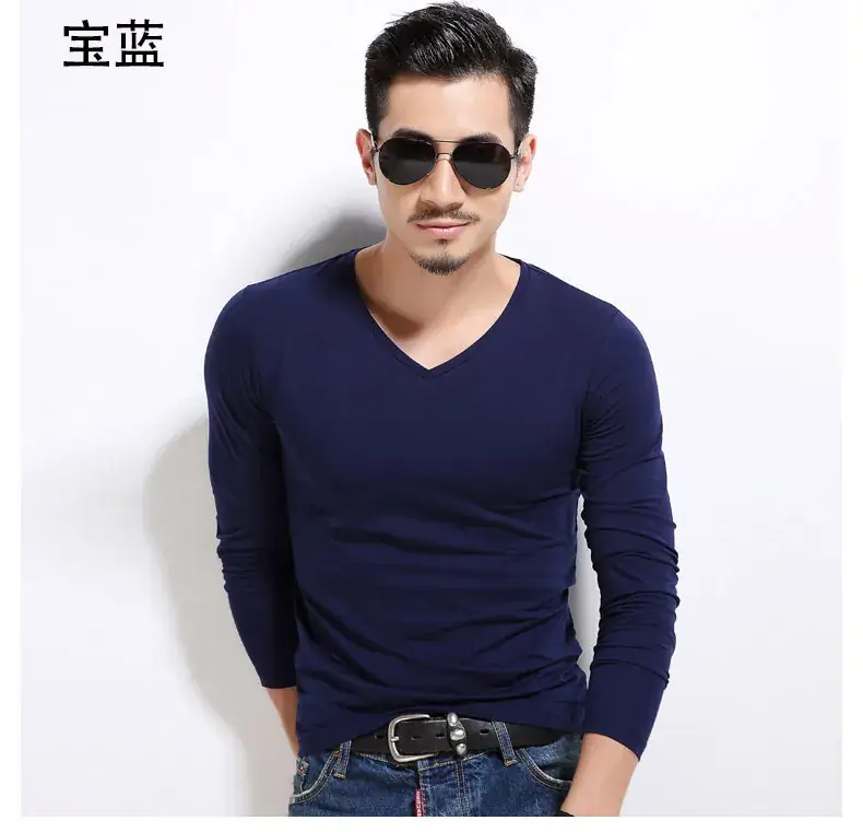 Men V-Neck Long Sleeve T-Shirt White 2019 - Image 21