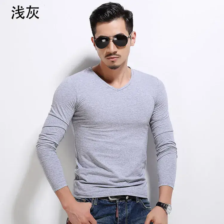 Men V-Neck Long Sleeve T-Shirt White 2019 - Image 11