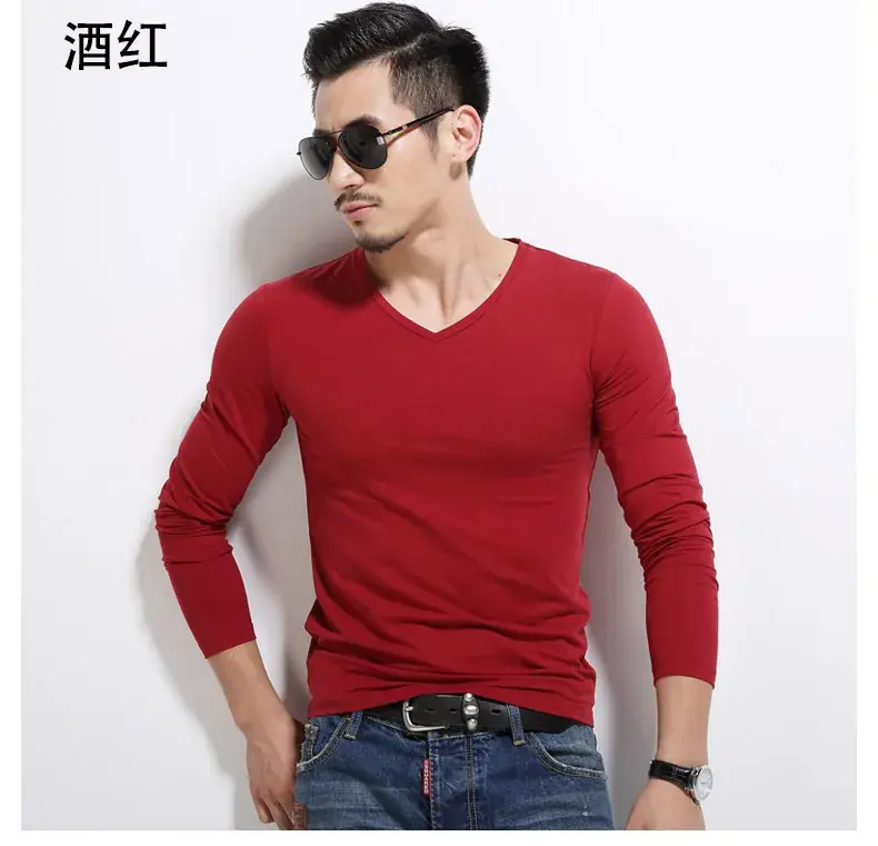 Men V-Neck Long Sleeve T-Shirt White 2019 - Image 7