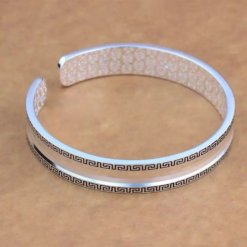 Men's Open Backed Silver Bracelet with Greek Key Detail - Image 2