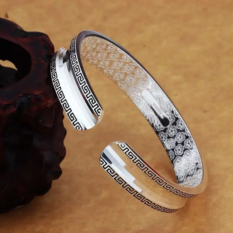 Men's Open Backed Silver Bracelet with Greek Key Detail - Image 3