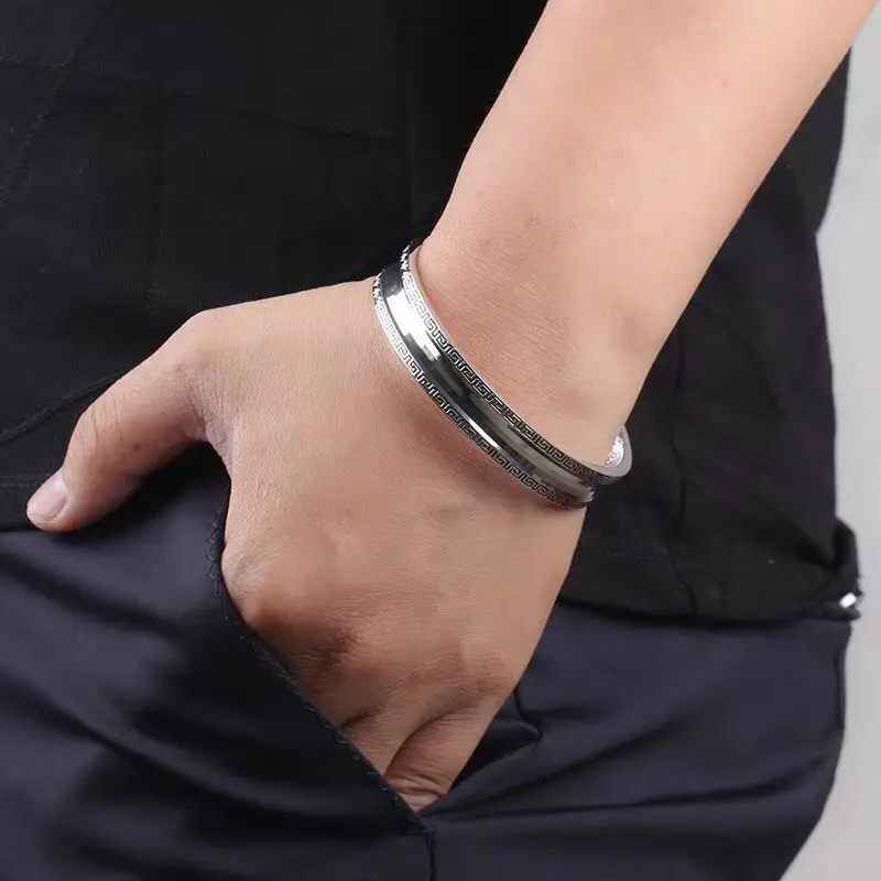 Men's Open Backed Silver Bracelet with Greek Key Detail - Image 4
