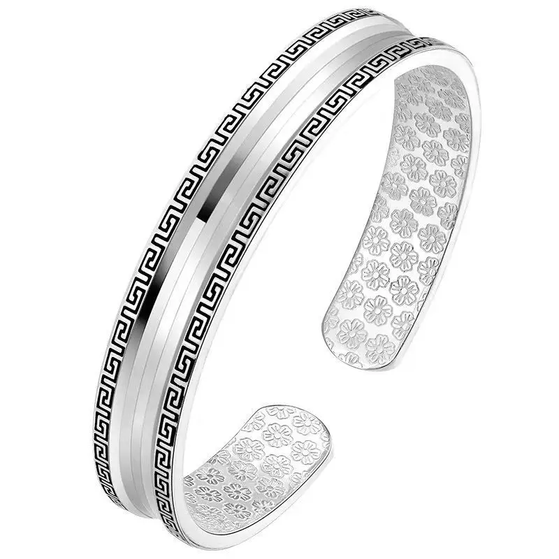 Men's Open Backed Silver Bracelet with Greek Key Detail - Image 5