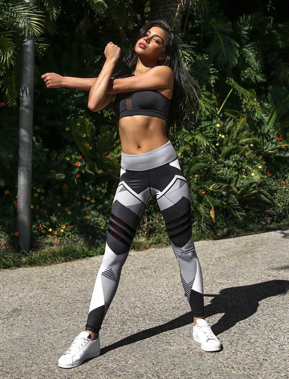 Women Geometric Printed Slim Yoga Pants White Gray - Image 5