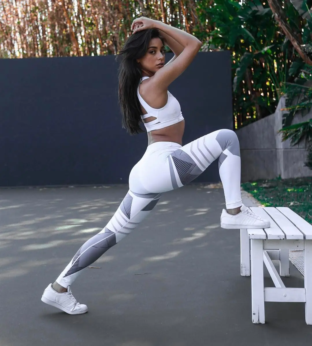 Women Geometric Printed Slim Yoga Pants White Gray - Image 6