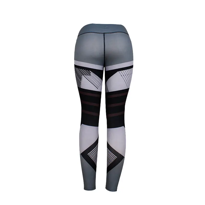 Women Geometric Printed Slim Yoga Pants White Gray - Image 3
