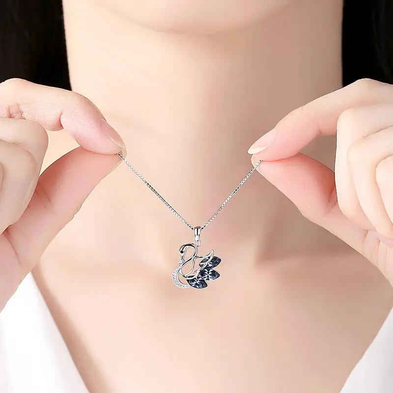 Swan Pendant Necklace with Blue Zircon & Silver Chain - Image 3