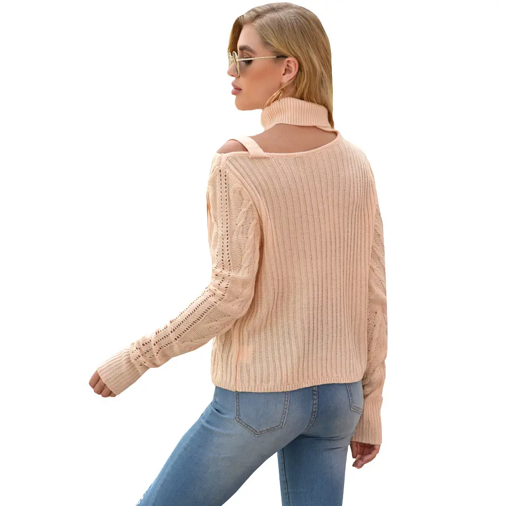 Gray Knit Neck Off-Shoulder Long Sleeve Sweater