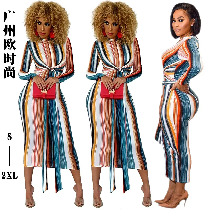 Striped Tight Fit Long Sleeve Women's Dress