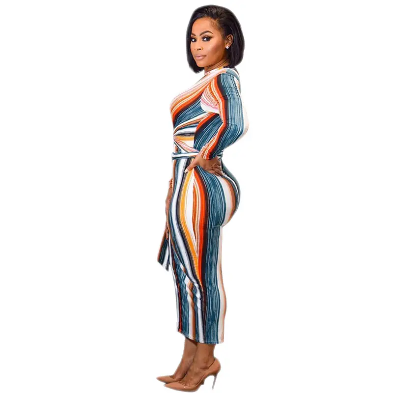 Striped Tight Fit Long Sleeve Women's Dress
