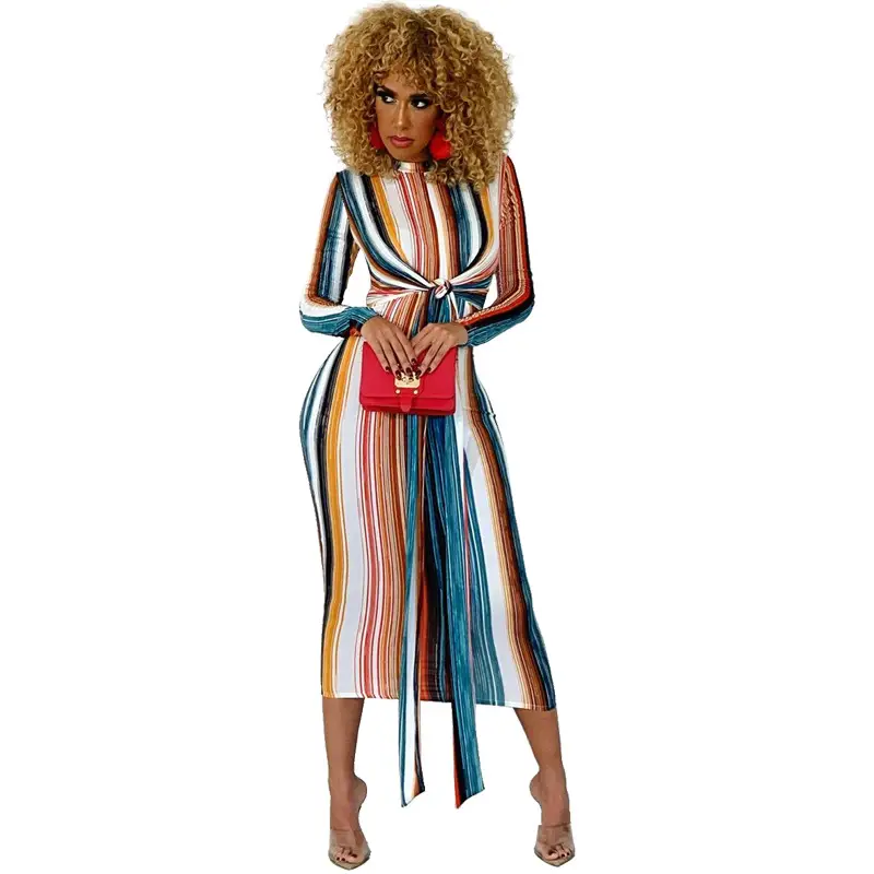 Striped Tight Fit Long Sleeve Women's Dress