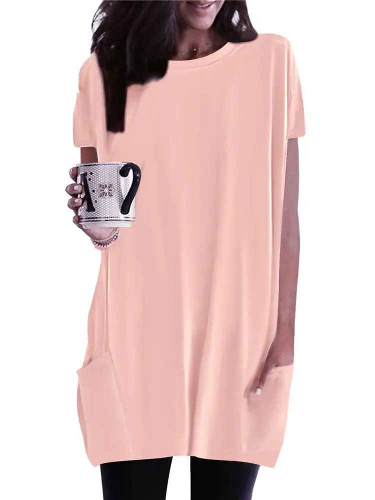 Women Pink Round Neck T-Shirt with Flap Pocket - Image 9