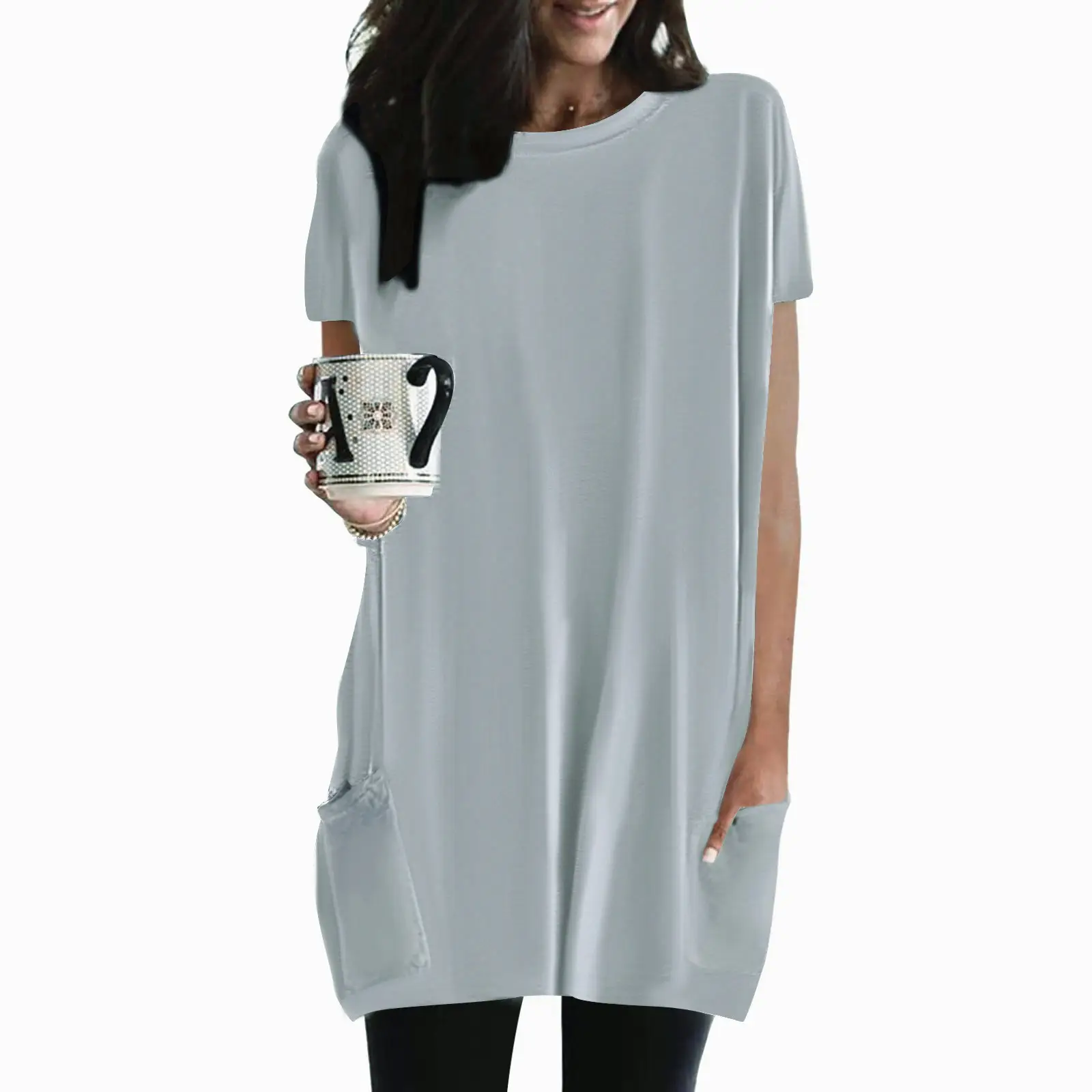 Women Pink Round Neck T-Shirt with Flap Pocket - Image 2
