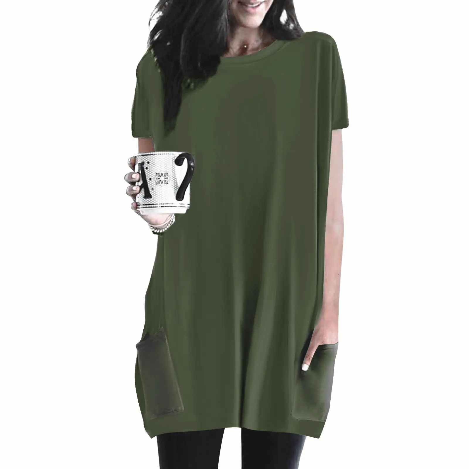 Women Pink Round Neck T-Shirt with Flap Pocket - Image 4